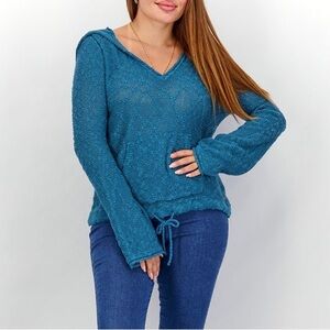 Roxy Hooded Crochet Beach Sweater, Teal Size XS